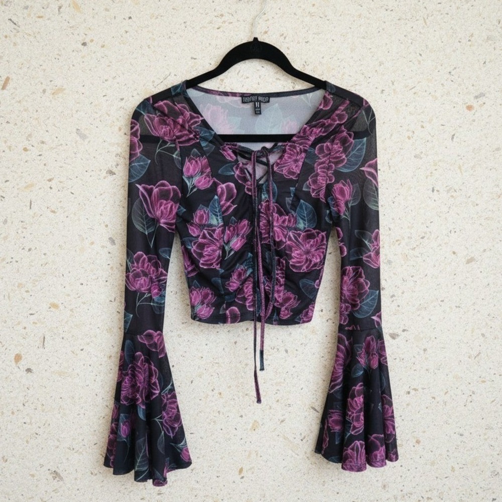Current Mood Floral Mesh Lace Up Bell Sleeve Crop Top Black Pink Purple Medium